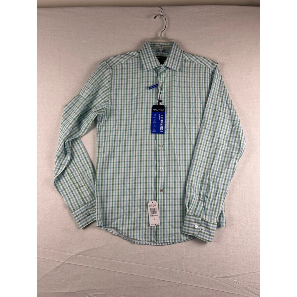 Nautica Performance Super Shirt Mens Small Green Blue Plaid Stretch Button Down